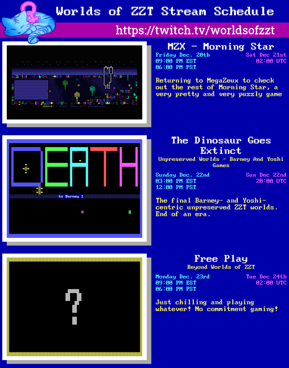 worldsofzzt's tweet photo. Presenting our schedule for this week! Watch along with us at https://t.co/Z7EwNwboP8 before the dinosaurs say their goodbyes #stream_schedule #zzt #mzx https://t.co/FV8brqkfBU
