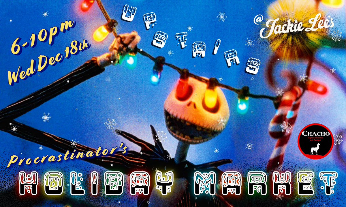 JackieLeesDC's tweet photo. ✨UPSTAIRS // 6-10pm // WED DEC 18th✨
Come hither all procrastinators for our Holiday Market!
As a treat for shopping local, buy an item from a vendor get a Chacho drink on us & @Chacho_USA 🍹
#shoplocaldc #buylocaldc #dcholidaymarket https://t.co/N9YEsGtuWs