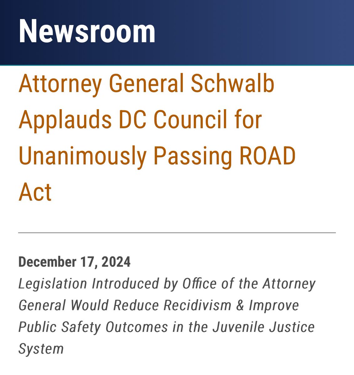 AG Brian Schwalb (@dcattorneygen) on Twitter photo Thank you <a href="/ChmnMendelson/">Phil Mendelson</a>, Chair <a href="/CMZParker5/">Councilmember Zachary Parker</a>, and DC Council for advancing the bill.
The legislation, now titled "Recidivism Reduction at DYRS Act," is a critical step towards improving public safety outcomes in DC's juvenile justice system.
Announcement:
oag.dc.gov/release/attorn… Thank you <a href="/ChmnMendelson/">Phil Mendelson</a>, Chair <a href="/CMZParker5/">Councilmember Zachary Parker</a>, and DC Council for advancing the bill.
The legislation, now titled "Recidivism Reduction at DYRS Act," is a critical step towards improving public safety outcomes in DC's juvenile justice system.
Announcement:
oag.dc.gov/release/attorn…