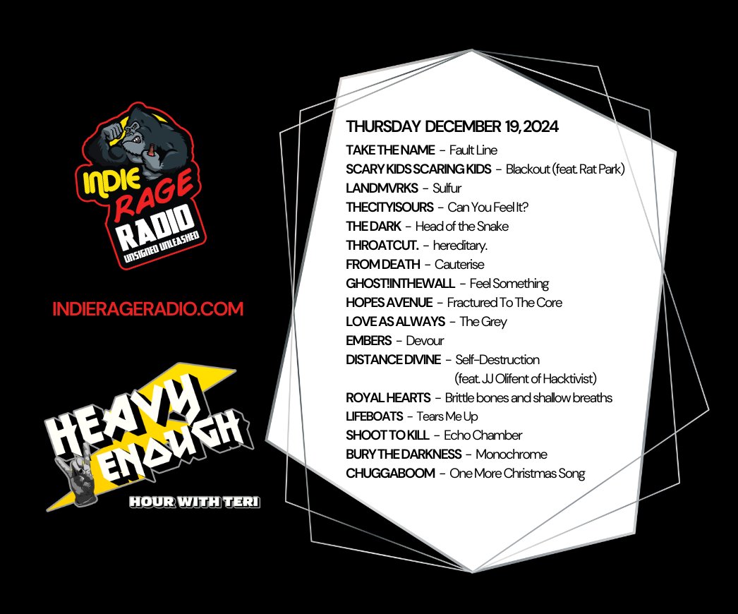 HeavyEnough Hour with Teri (@musicmatterstee) on Twitter photo Thursday 9pmUK 4pmEST
Tune into <a href="/IndieRageRadio/">Indie Rage Radio</a>
🔊indierageradio.com
#HeavyEnough play new bangers from <a href="/HopesAvenueUK/">HopesAve</a> #LoveAsAlways <a href="/EmbersBand_UK/">Embers UK</a> <a href="/distancedivine1/">D I S T A N C E : D I V I N E</a> <a href="/RoyalHeartsFL/">Royal Hearts</a> #Lifeboats <a href="/shoottokill_UK/">Shoot To Kill</a> <a href="/BuryDarkness/">Bury the Darkness</a> <a href="/ChuggaBoomband/">𝕮𝖍𝖚𝖌𝖌𝖆𝘽𝙊𝙊𝙈</a>
Info:facebook.com/HeavyEnoughHou… #NewMusic Thursday 9pmUK 4pmEST
Tune into <a href="/IndieRageRadio/">Indie Rage Radio</a>
🔊indierageradio.com
#HeavyEnough play new bangers from <a href="/HopesAvenueUK/">HopesAve</a> #LoveAsAlways <a href="/EmbersBand_UK/">Embers UK</a> <a href="/distancedivine1/">D I S T A N C E : D I V I N E</a> <a href="/RoyalHeartsFL/">Royal Hearts</a> #Lifeboats <a href="/shoottokill_UK/">Shoot To Kill</a> <a href="/BuryDarkness/">Bury the Darkness</a> <a href="/ChuggaBoomband/">𝕮𝖍𝖚𝖌𝖌𝖆𝘽𝙊𝙊𝙈</a>
Info:facebook.com/HeavyEnoughHou… #NewMusic