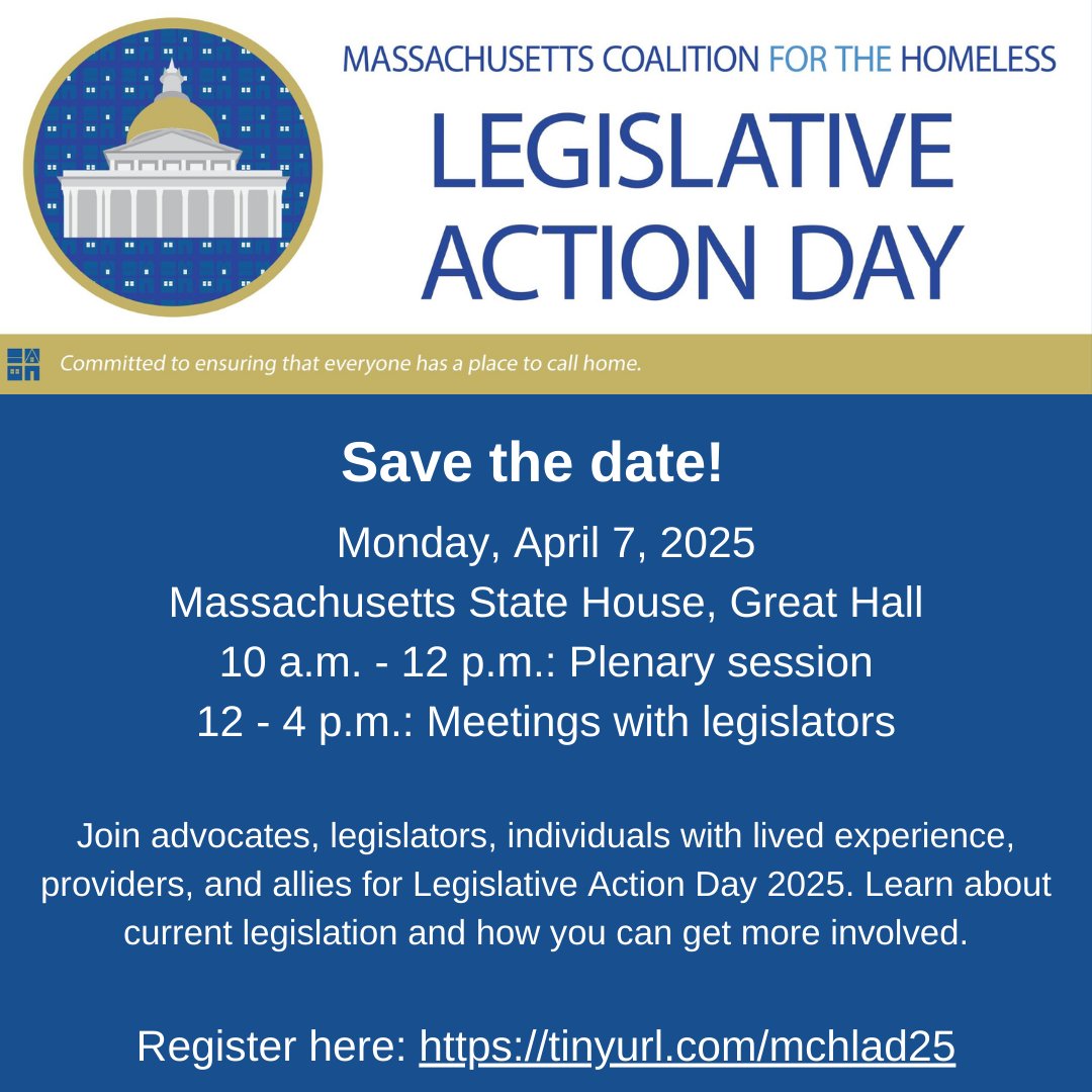Please join advocates, legislators, individuals with lived experience, providers, and allies at the Coalition's 2025 Legislative Action Day on Monday, April, 7th, starting at 10 a.m. at the Massachusetts State House.

RSVP here: tinyurl.com/mchlad25
Hope to see you there!