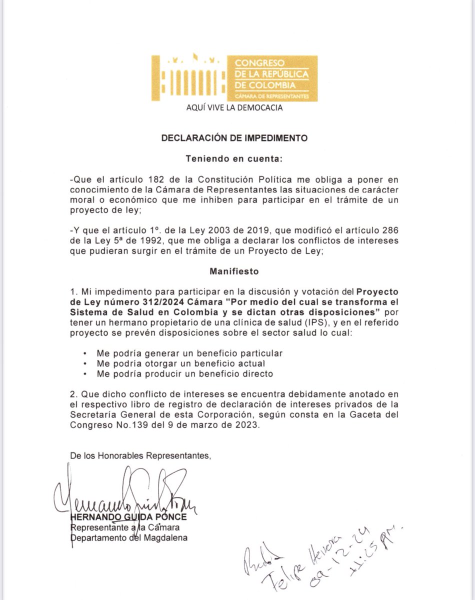 HernandoGuida_'s tweet photo. Tal como fue mi actitud frente al proyecto de la reforma a la salud presentado por el Gobierno Nacional a consideración del Congreso, me he declarado impedido por tener un hermano propietario de una IPS. A pesar de que la plenaria de la Cámara me negó dicho impedimento, en cada sesión antes que se inicie el debate sobre dicha reforma dejo constancia de que me retiro de la sesión por considerar que ese es un impedimento insalvable y no puedo estar presente en su discusión y mucho menos en su votación