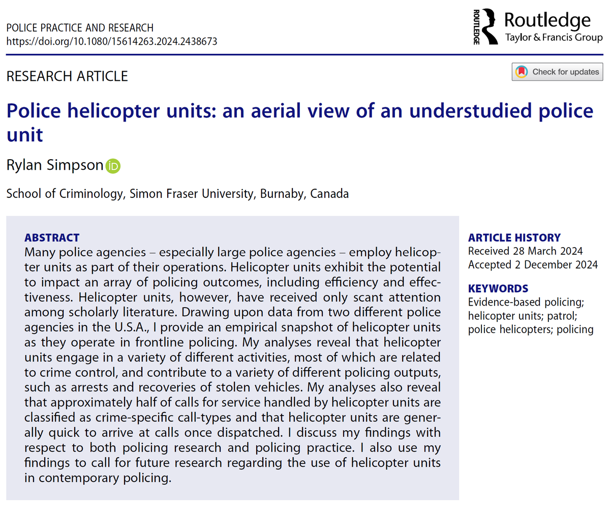 rylan_simpson's tweet photo. Helicopter units = especially salient units w/n #policing b/c of ↑ costs &amp; resource demands. 🚁

In my new @police_practice article, I provide empirical snapshot of #helicopter units in frontline policing, examining their activities &amp; outputs: https://t.co/2rhTmlxvnk

A 🧵

1/5 https://t.co/cfH9CnGnKF