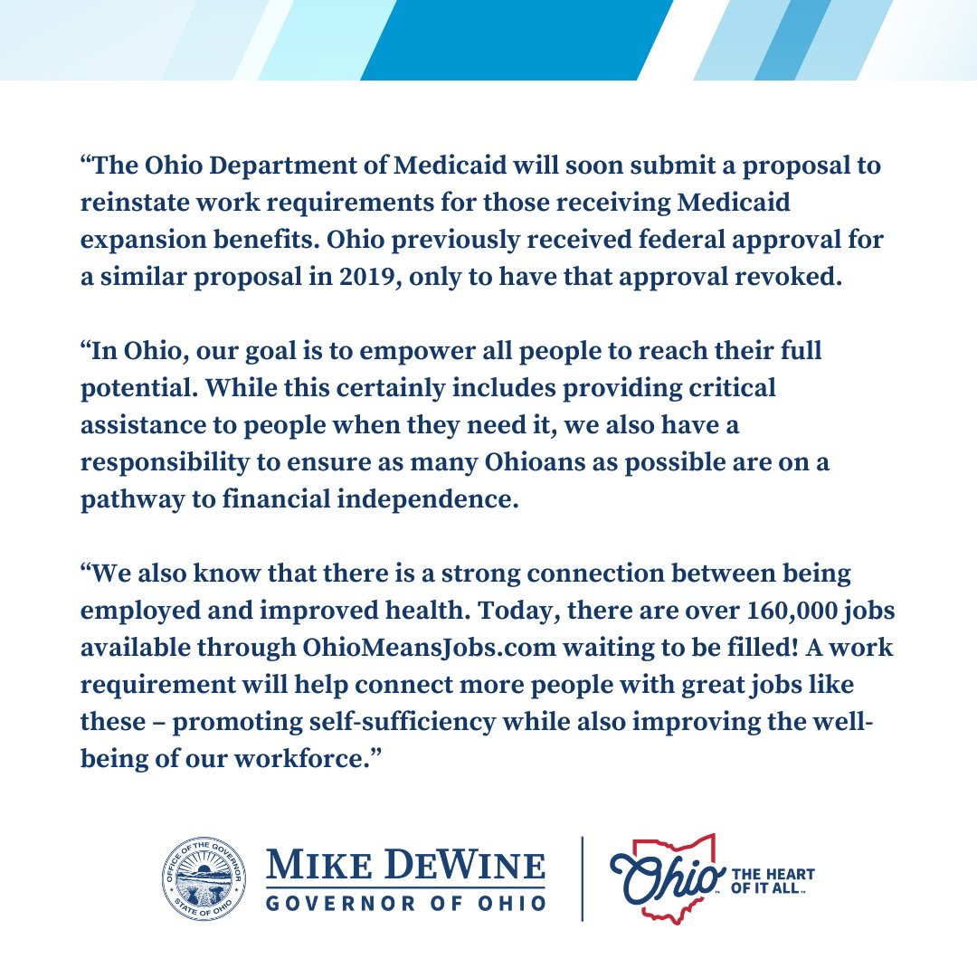 GovMikeDeWine's tweet photo. My statement on @OhioMedicaid’s plan to once again add a fair work requirement for Medicaid expansion enrollees: https://t.co/3szYEaEzjQ