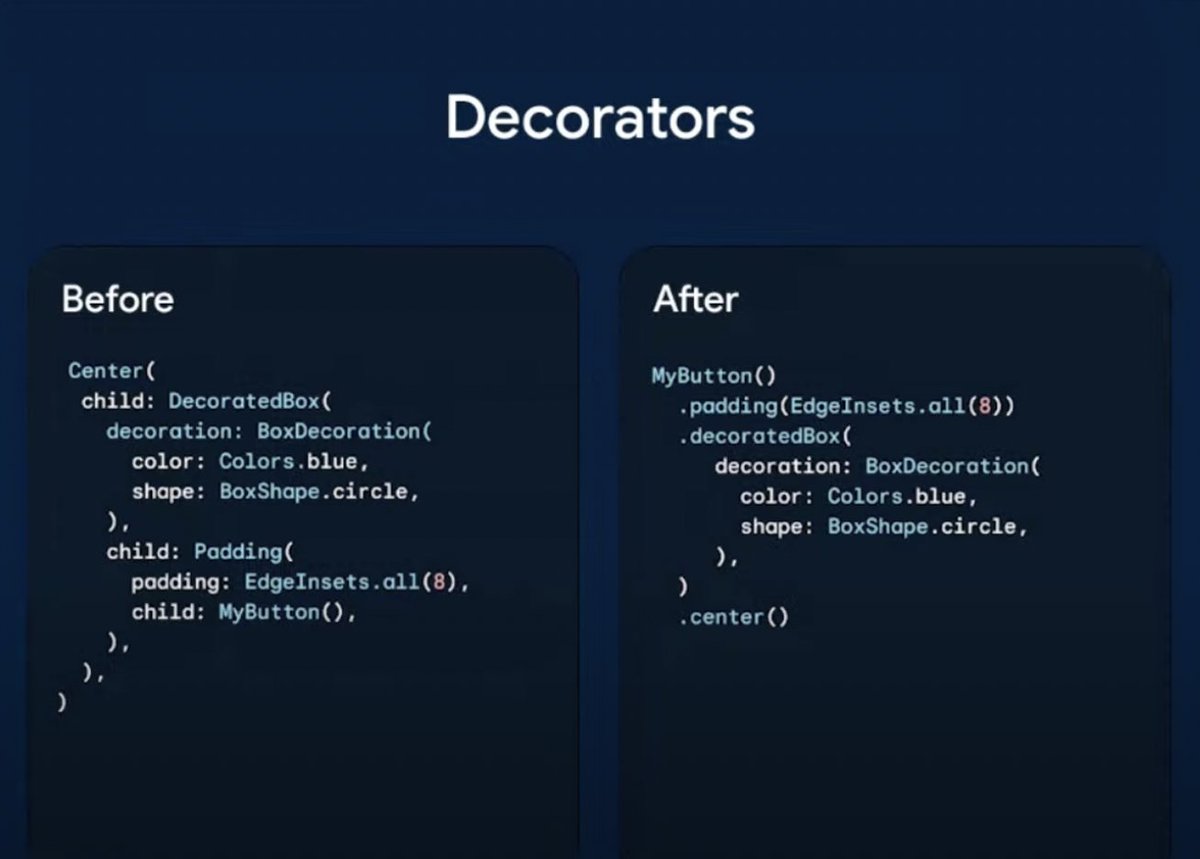 illiaromanenko's tweet image. Great stream for #FlutterInProduction 🙌 

However,  SwiftUI like decorator approach makes code harder to read by reverting readability.

Before you see Center -&amp;gt; DecoratedBox -&amp;gt; Padding -&amp;gt; Button, and now it&apos;s Button -&amp;gt; Padding -&amp;gt; DecoratedBox -&amp;gt; Center.

In this example, it…