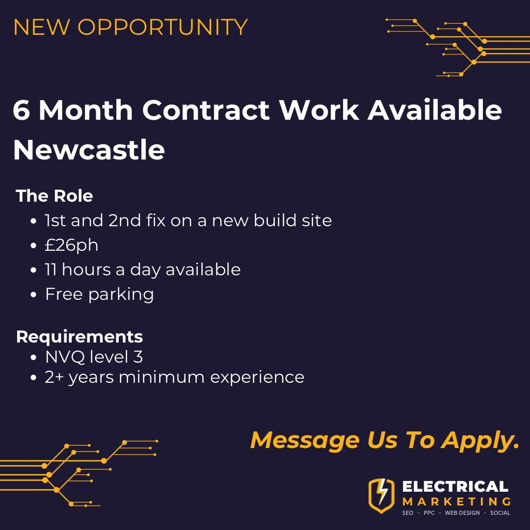 Elecmarketing_'s tweet photo. If you’re looking for some temporary work that’s available for the next 6 months in Newcastle, drop us a message!

#contractwork #contractelectrician #contractspark #newcastle #install #1stfix #2ndfix https://t.co/xmyVnvq4NQ