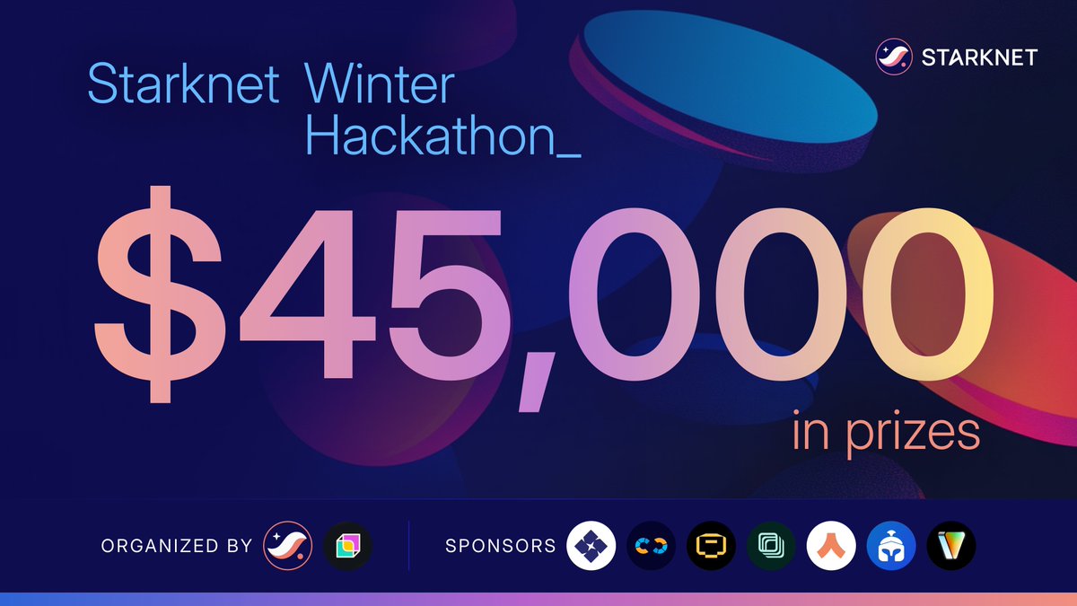 Starknet 🐺🐱 (@starknet) on Twitter photo Build. Hack. Get Funded. 🔥
The Starknet Winter Hackathon is bringing $45,000 in prizes across 5 tracks: AI, Gaming, Telegram, DeFi, and Community.
Join tomorrow’s <a href="/buidlbox/">buidlbox</a> X Space with <a href="/StarknetFndn/">Starknet Foundation (BTCFi arc)</a>, <a href="/StarkWareLtd/">StarkWare (BTCFi arc)</a>, <a href="/NethermindStark/">Nethermind Starknet</a>, <a href="/cartridge_gg/">Cartridge</a>, <a href="/PragmaOracle/">Pragma 🧩</a>, <a href="/argentHQ/">Argent is now Ready</a>, Build. Hack. Get Funded. 🔥
The Starknet Winter Hackathon is bringing $45,000 in prizes across 5 tracks: AI, Gaming, Telegram, DeFi, and Community.
Join tomorrow’s <a href="/buidlbox/">buidlbox</a> X Space with <a href="/StarknetFndn/">Starknet Foundation (BTCFi arc)</a>, <a href="/StarkWareLtd/">StarkWare (BTCFi arc)</a>, <a href="/NethermindStark/">Nethermind Starknet</a>, <a href="/cartridge_gg/">Cartridge</a>, <a href="/PragmaOracle/">Pragma 🧩</a>, <a href="/argentHQ/">Argent is now Ready</a>,