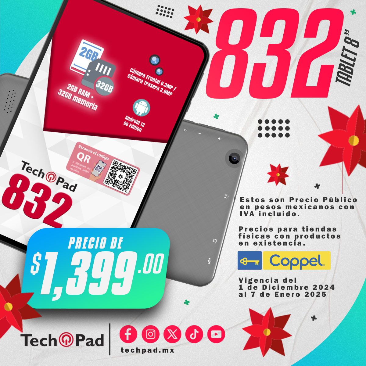 TabletsTechPad's tweet image. ¡Aprovecha nuestras promos navideñas! 📷📷📷
Te invitamos a checar nuestra pagina;
techpad.mx
* Precio Público en pesos mexicanos con IVA incluido.
* Precios para tiendas físicas con productos en existencia.
* Vigencia hasta 7 de Enero 2025.
#TechPad