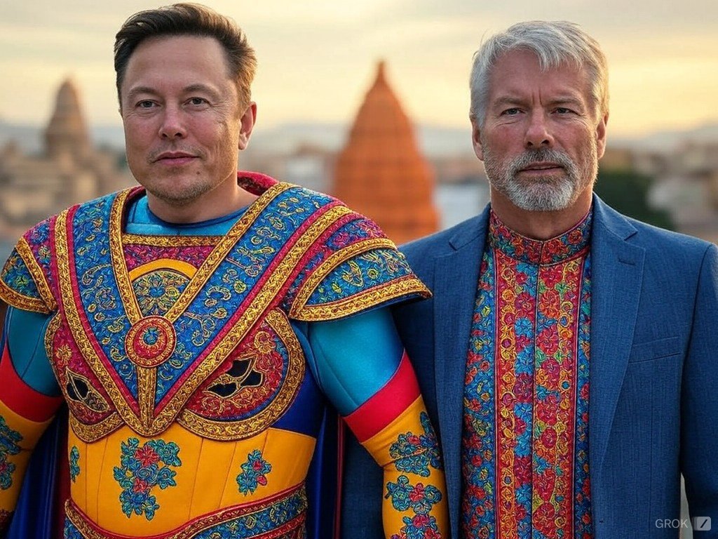 "Elon Musk and Michael Saylor channel their inner Shaktimaan at #ComicCon! Who knew the tech titans could save the world in style? #SuperheroDuo #BitcoinPower #Shaktimaan"
#ElonMusk