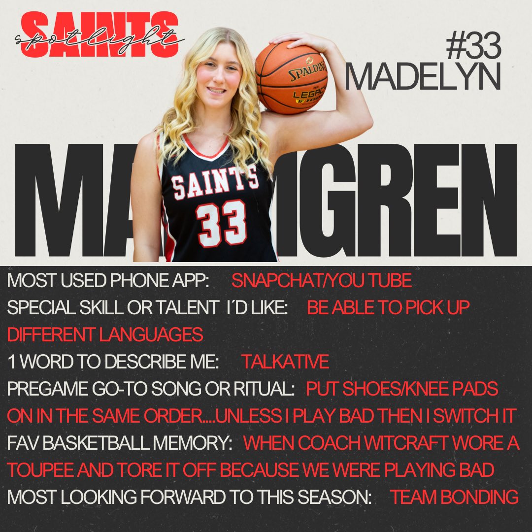 🌟🚨 Saints Spotlight 🚨🌟

After a couple weeks on the road, we are finally back home!  Senior Madelyn Malmgren (<a href="/MadelynMalmgren/">Madelyn Malmgren</a>) is in tonight’s spotlight as we host the first of two home games this week.  #together