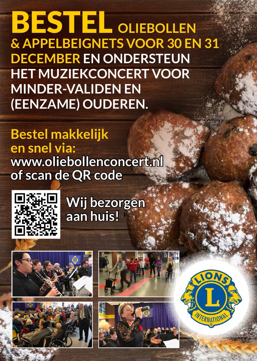 LionsClubEnsche's tweet photo. Ook dit jaar bakt de Lions Club Enschede weer #oliebollen en #appelbeignets voor het 2025 Voorjaarsconcert voor (eenzame) bejaarden en mindervaliden. Bezorging aan huis in #Hengelo, #Oldenzaal, #Enschede, #Delden en #Haaksbergen. Meer weten/bestellen? https://t.co/hrCexryFcG https://t.co/t29YFQijJp