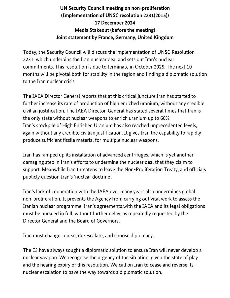 Germany in the United Nations (@germanyun) on Twitter photo Ahead of the #UNSC meeting on #Iran's nuclear commitments as set out in Res. 2231, the E3 <a href="/GermanyUN/">Germany in the United Nations</a>, <a href="/franceonu/">La France Γ l'ONU π«π·πΊπ³</a> <a href="/UKUN_NewYork/">UK at the UN π¬π§πΊπ³</a> warned of the urgency of the Iran nuclear crisis.
Iran must change course, de-escalate, and choose diplomacy. Ahead of the #UNSC meeting on #Iran's nuclear commitments as set out in Res. 2231, the E3 <a href="/GermanyUN/">Germany in the United Nations</a>, <a href="/franceonu/">La France Γ l'ONU π«π·πΊπ³</a> <a href="/UKUN_NewYork/">UK at the UN π¬π§πΊπ³</a> warned of the urgency of the Iran nuclear crisis.
Iran must change course, de-escalate, and choose diplomacy.