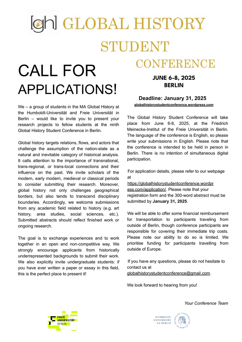 📢The #CfP for the 2025 Global History Student Conference is open📷 All #globalhistory students are welcome to present their work in Berlin📷📷 Applications due January 31, 2025. Travel funding available📷 APPLY NOW: …istorystudentconference.wordpress.com  #twitterstorians #GHSC2025