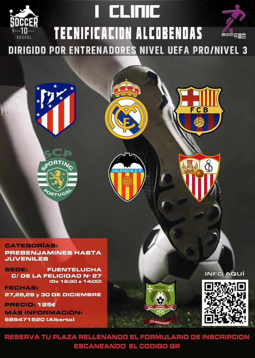🌲𝘾𝙇𝙄𝙉𝙄𝘾 𝘿𝙀 𝙁𝙐𝙏𝘽𝙊𝙇 𝙋𝙍𝙊𝙁𝙀𝙎𝙄𝙊𝙉𝘼𝙇⚽️

👉🏻No pares en Navidades de la mano de los mejores.

🏆Entrenadores nivel UEFA PRO3.

🗓️27-28-29-30 de diciembre.

🕒12:30h a 14:00h.

💻Más info e inscripciones en academiafutbolalcobendas.es/es/content/pag…