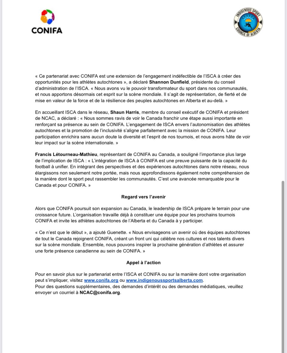 #BreakingNews <a href="/CONIFAOfficial/">CONIFA</a> + <a href="/SportIsca/">Indigenous Sport Council Alberta (ISCA)</a> thank you to <a href="/FrancisLM9/">FrancisLM9</a> &amp; JaclynG #ISCA Director as we look to expand and grow within <a href="/Canada/">Canada</a>