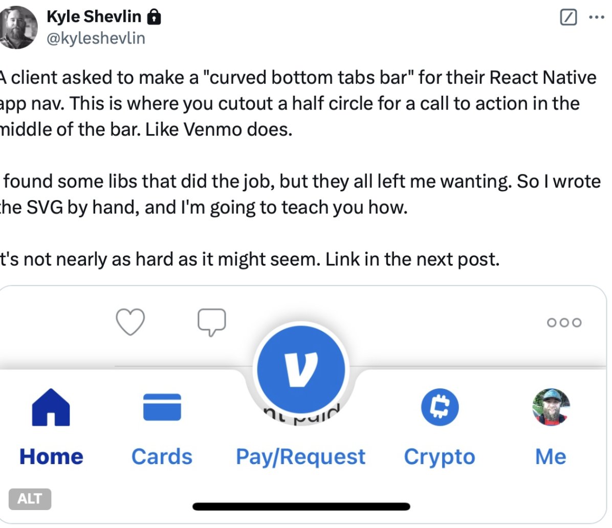 infinite_red's tweet image. Kyle Shevlin (@kyleshevlin) shows us how to create curved bottom tabs bar in React Native (just like in the Venmo app) 
#BestofReactNative2024
kyleshevlin.com/react-native-c…