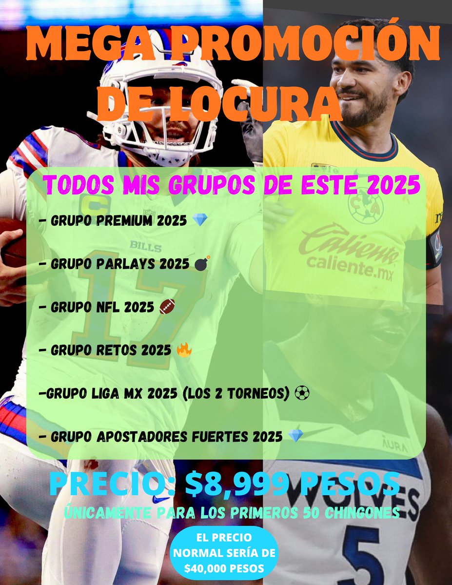 ChapitoApuestas's tweet photo. 🚨 | MEGA PROMOCIÓN DE LOCURA 🥳 !!

Chingones, sólo en este momento...

TODOS MIS GRUPOS DEL 2025

👉 Por sólo $8,999 pesitos.

El Precio Normal de todos estos Grupos sería en total $40,000 pesos 🤯 !!

📢 SOLAMENTE PARA LAS PRIMERAS 50 PERSONAS

Número de Tarjeta:
4189 2810 4925 4999 
Banorte

Enviar Comprobante a mi WhatsApp 👉 https://t.co/IQw0tWgKTI