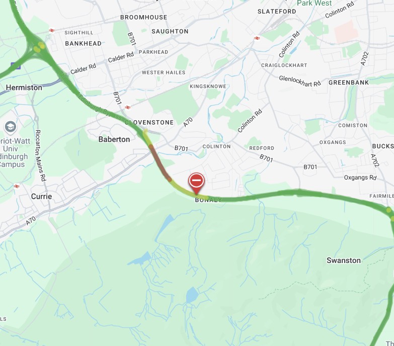 NEW❗⌚19:55

🛣️ #A720 Baberton-Dreghorn

⛔CLOSED in both directions between Dreghorn and Calder due to a police incident 

🚔Police are directing traffic at this time 

Motorists are advised to expect delays tonight 

<a href="/SETrunkRoads/">BEAR SE Trunk Roads</a>
