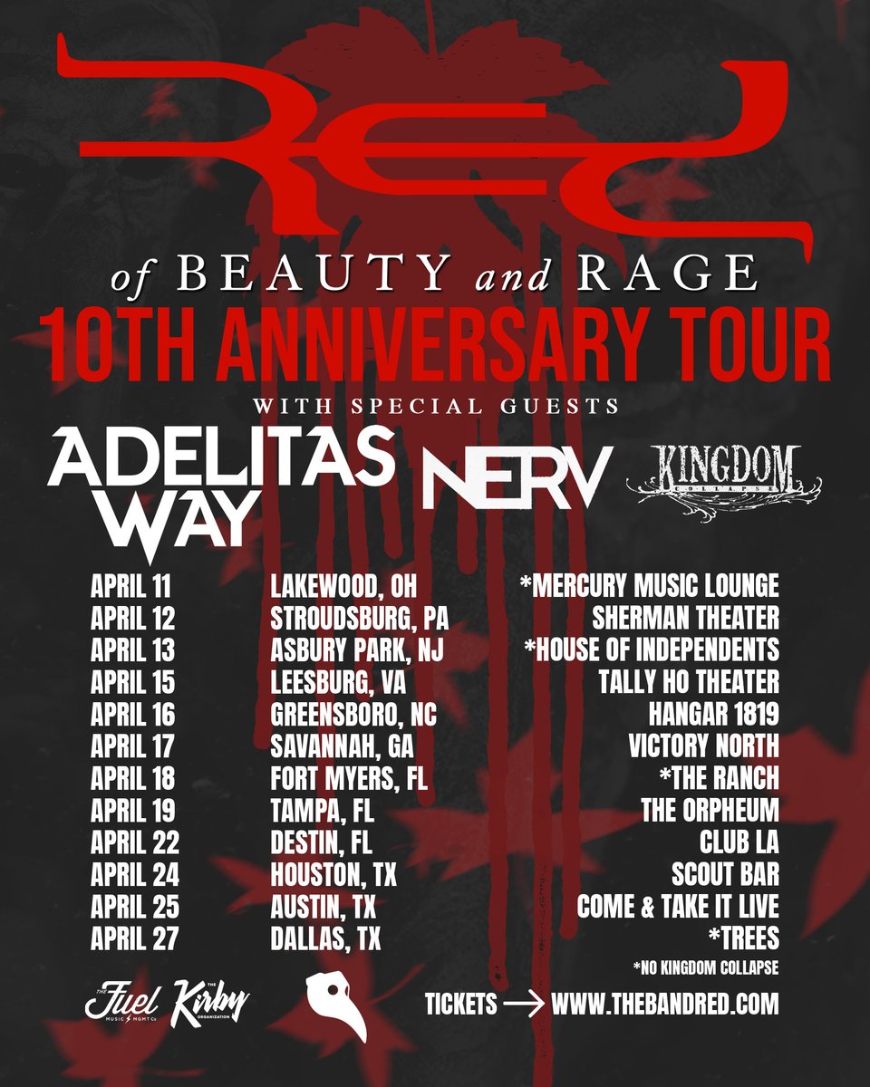 thebandred's tweet image. 🍁TOUR ANNOUNCEMENT!!🍁 We are very excited to announce the OF BEAUTY AND RAGE 10th Anniversary Tour this coming April! With special guests @adelitasway @WeAreNerv and @kingdomcollapse. Tickets are on sale this Friday December 20th at 10am local time. #ofbeautyandrage #OBAR #RED