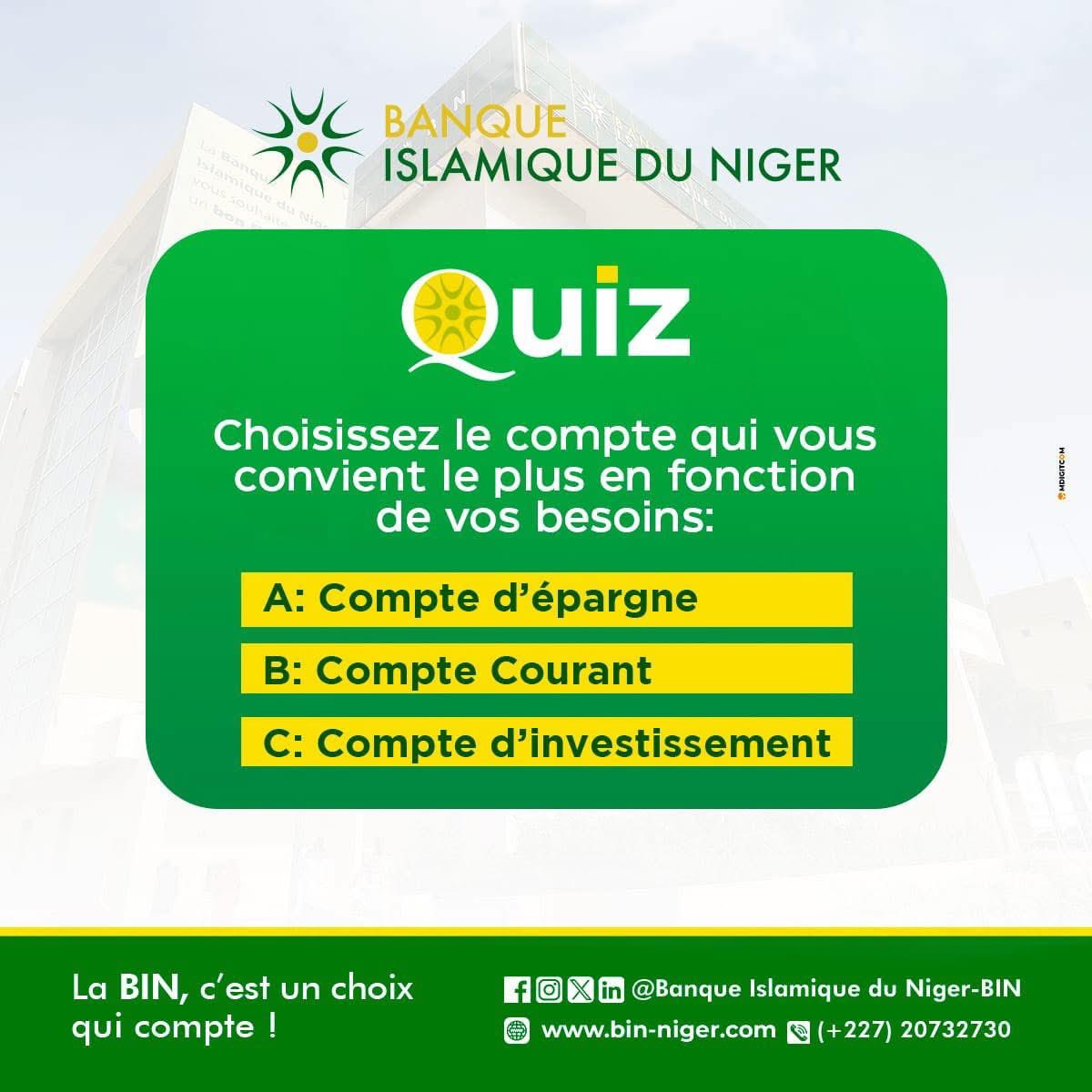 Quel compte vous convient le plus en fonction de vos besoins?
Top réponses en commentaires👏🏽.

Faites le choix qui compte!
—————————————
Site Web 🌐 bin-niger.com
La BIN , C’est un choix qui compte! 

#BanqueIslamiqueDuNiger #financeislamique  #BinNiger #banque #Niger