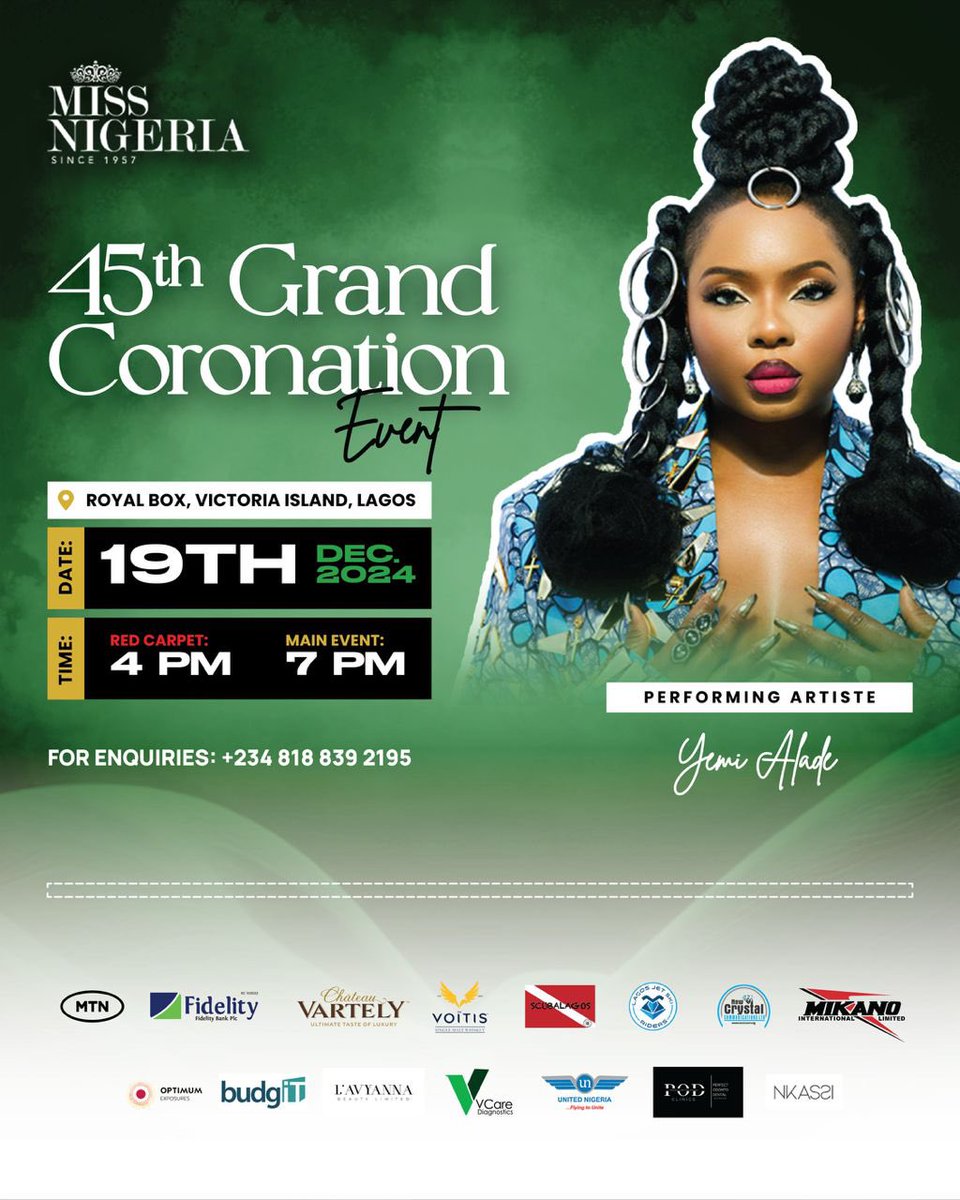 In concert at the 45th Miss Nigeria  🎤 🎶 

We are thrilled to announce the incredible artists set to light up the stage at the pageant Finale! 

KCEE
YEMI ALADE

Get your tickets now 👇🏾