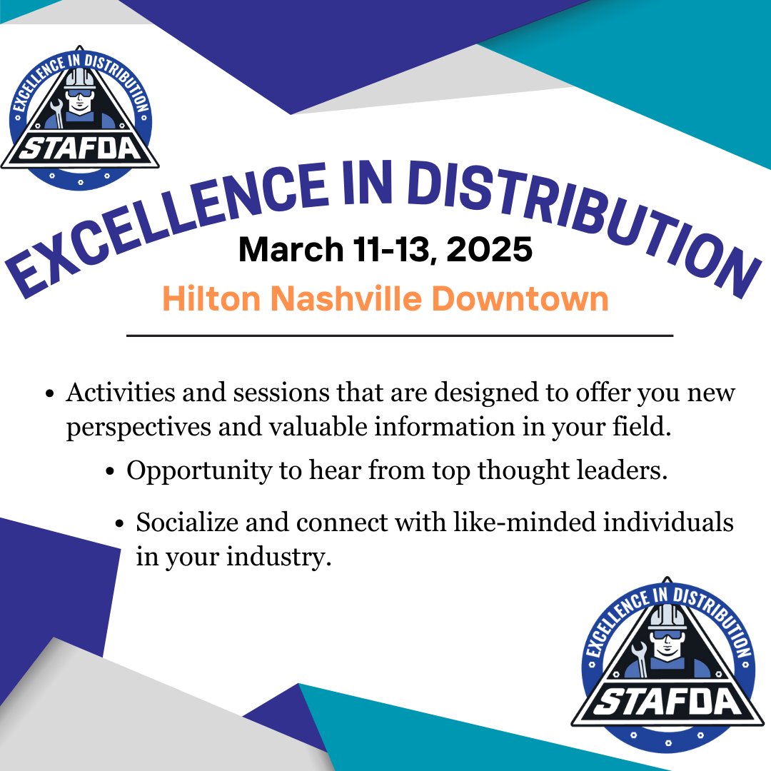 STAFDAHQ's tweet image. 🚨 STAFDA’s Excellence in Distribution is coming to the Hilton Nashville Downtown March 11-13, 2025! 🚨

excelindist.org

#STAFDA2025 #STAFDAEID #ExcellenceInDistribution #Networking #SupplyChain #WholesaleDistribution