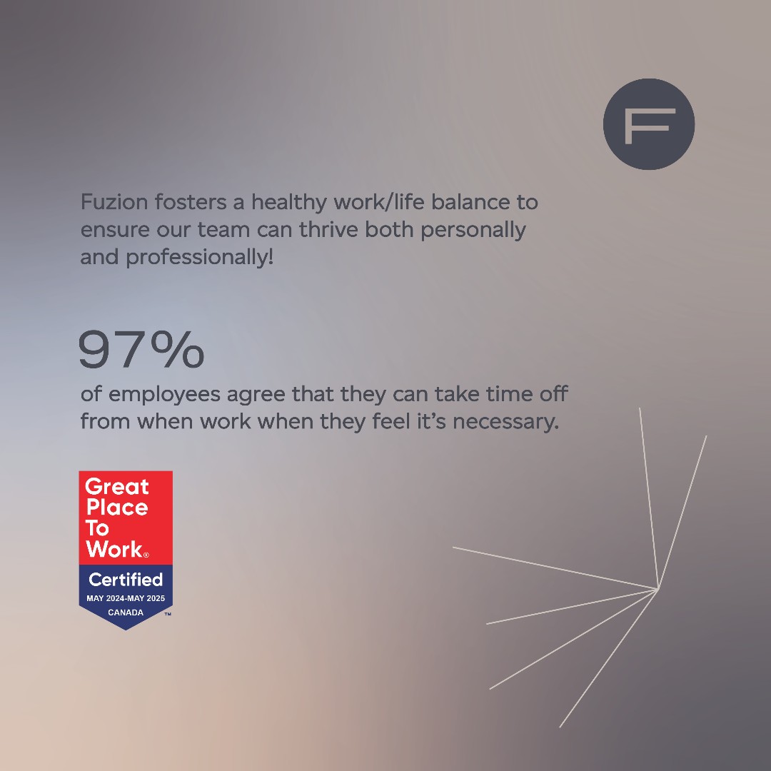 At Fuzion, we believe in balance! With 97% of our team agreeing they can take time off when needed, we’re dedicated to fostering a workplace where everyone can thrive personally and professionally. Because a healthy work/life balance is key to long-term success! #GreatPlaceToWork