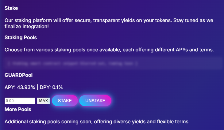 GuardxAI's tweet photo. Stake your $GuardX tokens and earn daily payouts as a reward for holding 🔥

(Coming in phase 3) https://t.co/yjkPjG2r8m