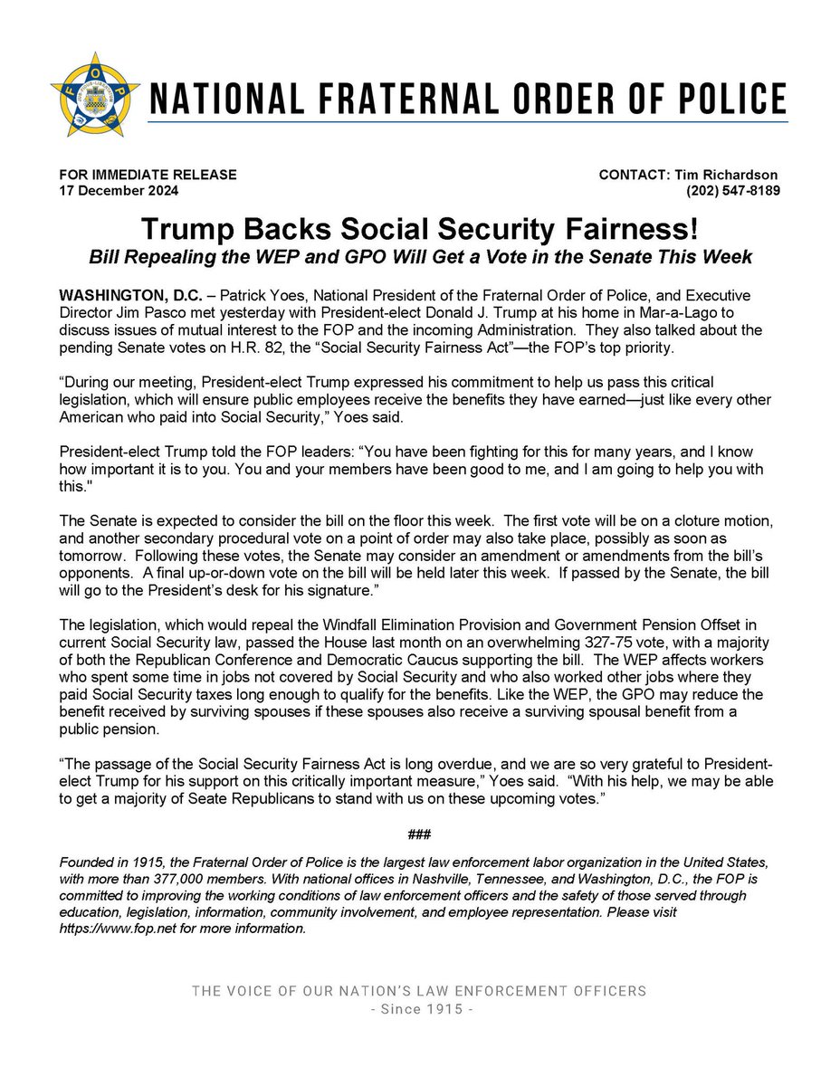 RepealWEP_NOW's tweet image. Thank you @realDonaldTrump for backing the repeal of #WEPGPO and vote yes to #HR82 #SocialSecurityFairnessAct 

#NoAmendments 
Police, firefighters, teachers are NOT responsible for ensuring that the SS system is solvent!

Please @SenateGOP Take Note!
@JDVance