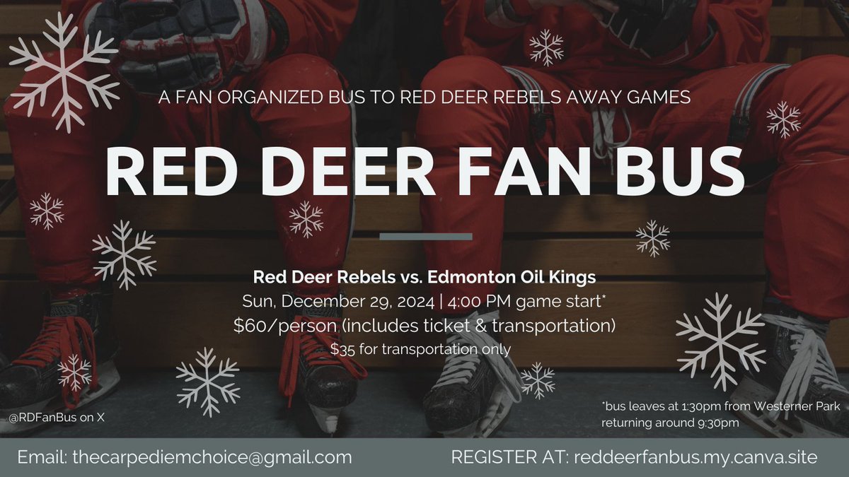 RDFanBus's tweet photo. The December 29th bus is going ahead...with lots of seats still open.
Makes a perfect Christmas gift!
Come join us in cheering on the @Rebelshockey 
Register at https://t.co/3x94p7l0Dk https://t.co/Tm4miwtpJJ