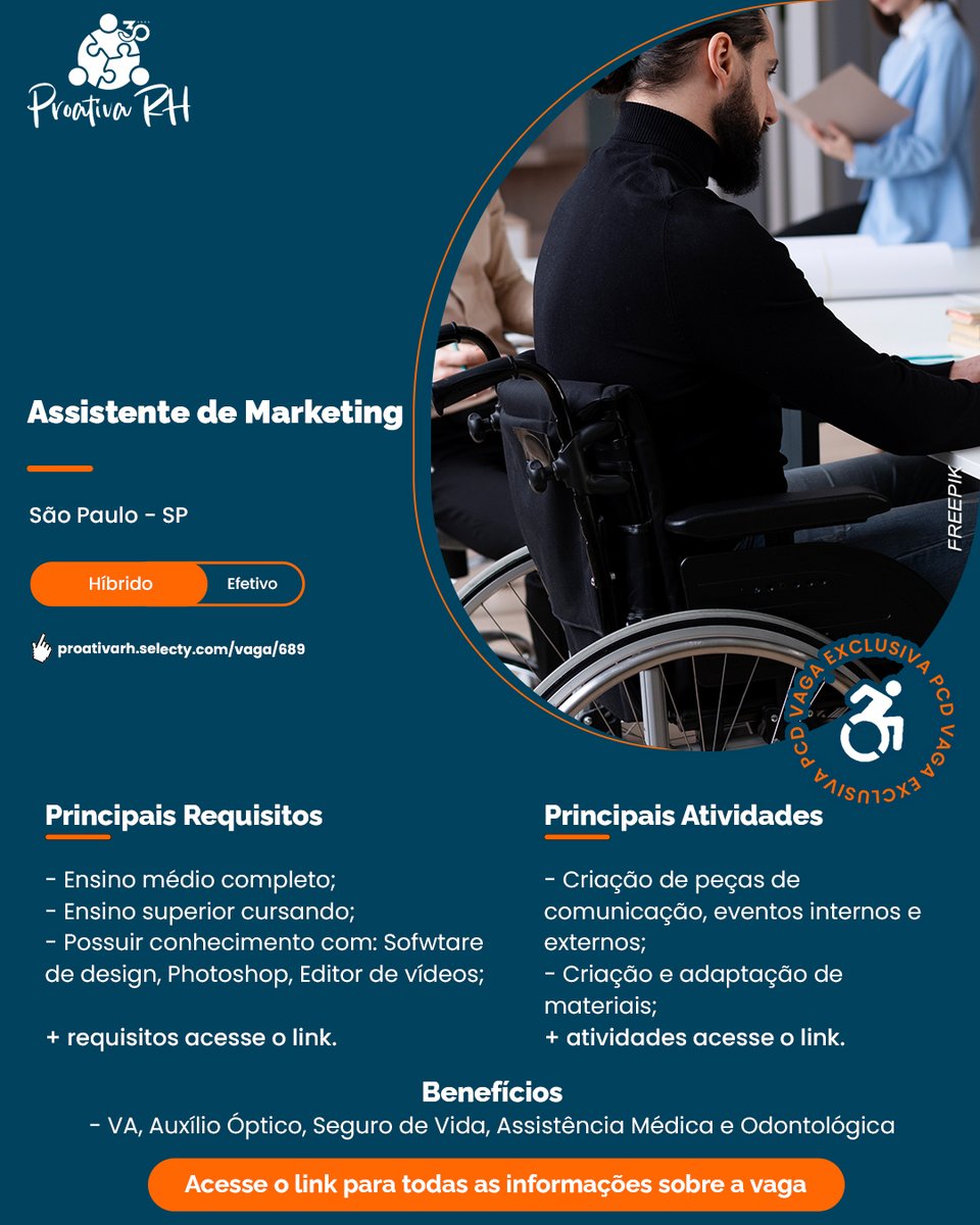 ♿ NOVA OPORTUNIDADE • Assistente de Marketing em São Paulo - SP

🧑🏽‍💻  Para mais informações sobre a vaga e inscrição, acesse o link: proativarh.selecty.com/vaga/689

🌐 Modelo híbrido

📑 Efetivo

#Emprego #VagaEfetiva #VagasPCD #SãoPaulo #ProativaRH #TeamProativa