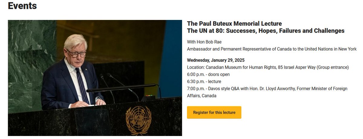 Next month Bob Rae will be in Winnipeg on Israel Asper Way to (not) speak on impact of Zionism on UN and how he could be charged for supporting genocide of Palestinians. The University of Manitoba is encouraging you to attend. But I found a 'notice' when trying to register.🧵1/5