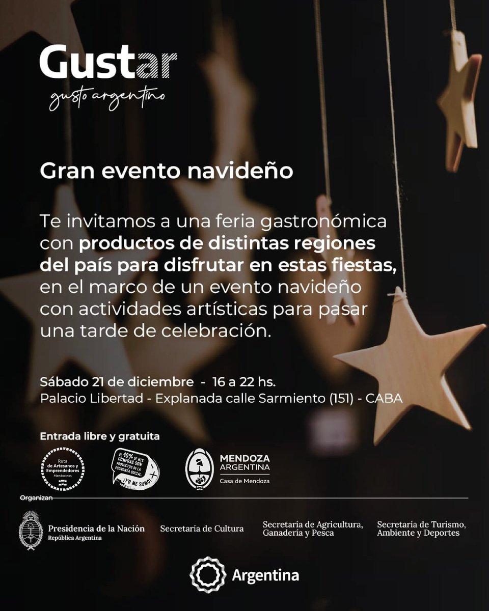 Emprendedores de nuestra provincia participarán de Gustar "Gusto Argentino", donde podrás disfrutar de toda la gastronomía regional y regalar en estas fiestas productos 100 % mendocinos.
🗓 Sábado 21 de diciembre de 16 a 22 hs.
📍 Palacio Libertad - Explanada calle Sarmiento 151