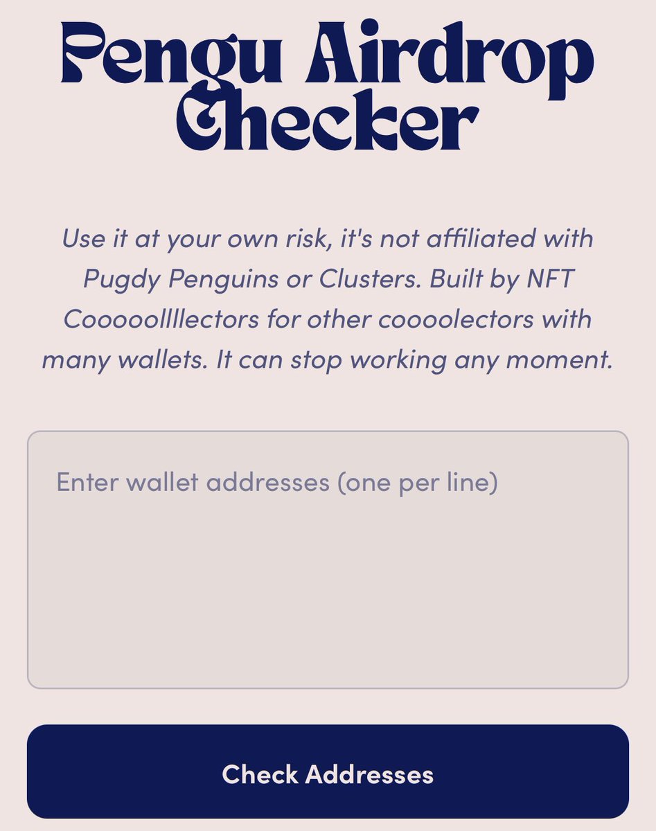 Gm, fam! 🐧 

Congratulations <a href="/pudgypenguins/">Pudgy Penguins</a> on $PENGU launch! 🫶

For all OG solana colleeectooors with many wallets - check all of them for that sweet OG SOL Users allocation! 

pengu.solsteads.com 

Disclaimer! Use it at your own risk, it's not affiliated with Pugdy