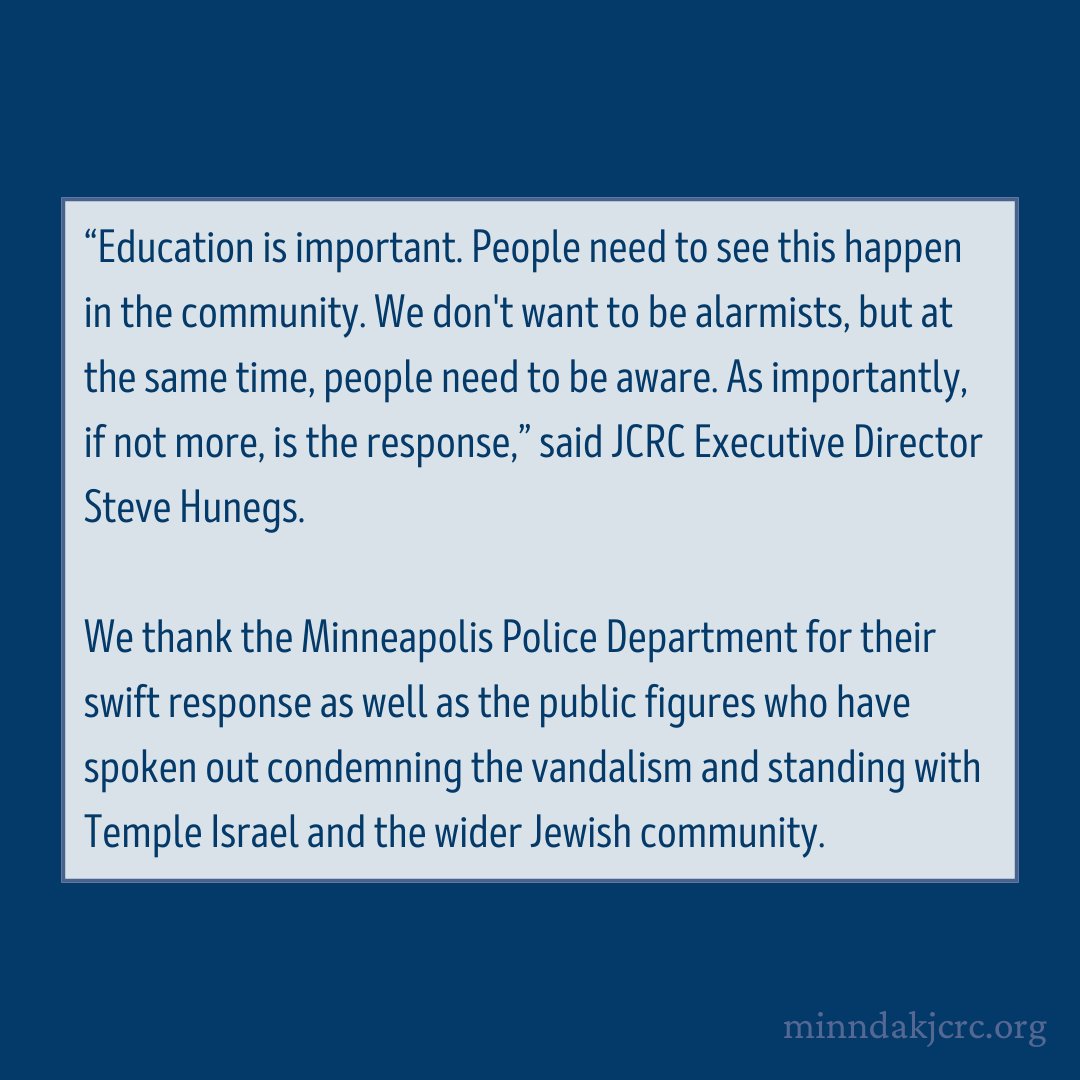 JCRC of MN & Dakotas (@jcrcminndak) on Twitter photo Early Mon. morning, swastikas were spray painted on Temple Israel’s Emerson Ave. entrance, captured on security footage. We thank <a href="/MinneapolisPD/">Minneapolis Police</a> for their swift response as well as public figures who have spoken out condemning the vandalism and standing with our community. Early Mon. morning, swastikas were spray painted on Temple Israel’s Emerson Ave. entrance, captured on security footage. We thank <a href="/MinneapolisPD/">Minneapolis Police</a> for their swift response as well as public figures who have spoken out condemning the vandalism and standing with our community.