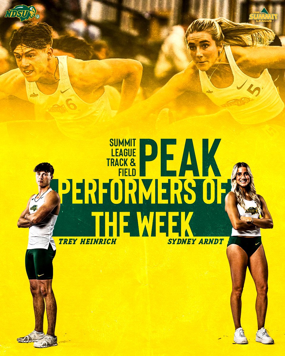 Summit League Peak Performers of the Week!

Men's Track - 𝙏𝙧𝙚𝙮 𝙃𝙚𝙞𝙣𝙧𝙞𝙘𝙝
Women's Track - 𝙎𝙮𝙙𝙣𝙚𝙮 𝘼𝙧𝙣𝙙𝙩