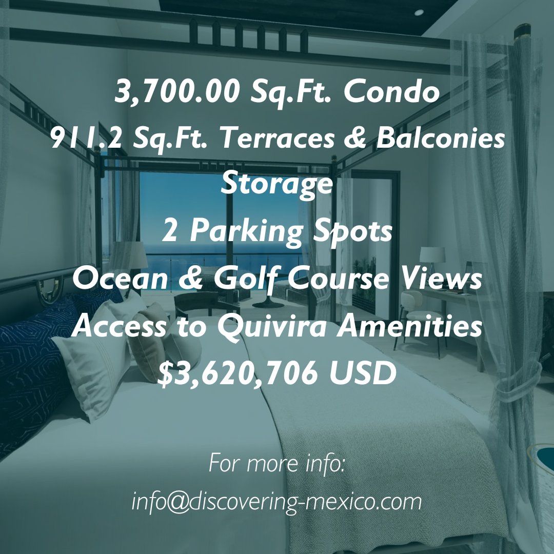 AlvarAtQuivira's tweet photo. Contemporary design, luxury living and
top-notch amenities 🌇

4 Beds | 4.5 Baths
3,700 SqFt Condo
Terraces &amp; Balconies
Ocean &amp; Golf Course Views
2 Parking Spots
Storage
📩 info@discovering-mexico.com

#alvaratquivira #loscabos #realestate #condo #Listing
#condoforsale #alvar https://t.co/1RWXTV4Bku