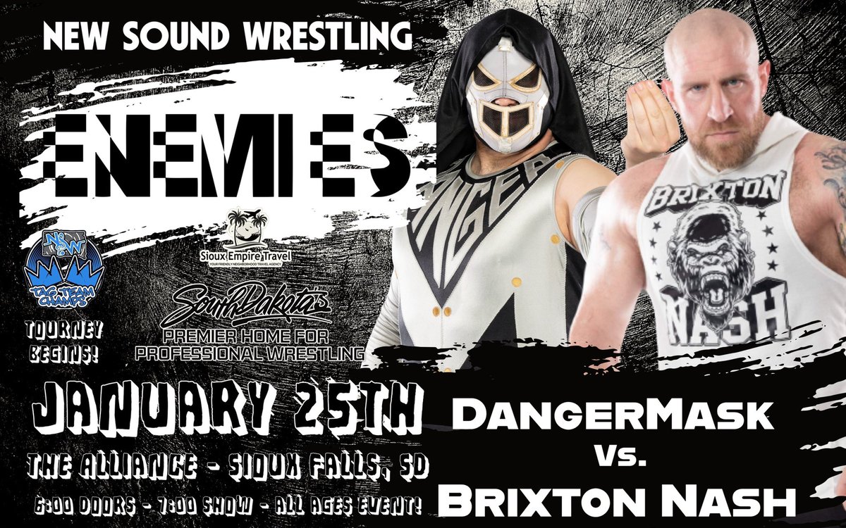 🚨MATCH ANNOUNCMENT 🚨

DangerMask returns at New Sound Wrestling | ENEMIES to go one-on-one with the undefeated Brixton Nash!

Does DangerMask have what it takes to give Brixton his first loss in New Sound Wrestling? Get your tickets below to find out!

ticketleap.events/tickets/newsou…