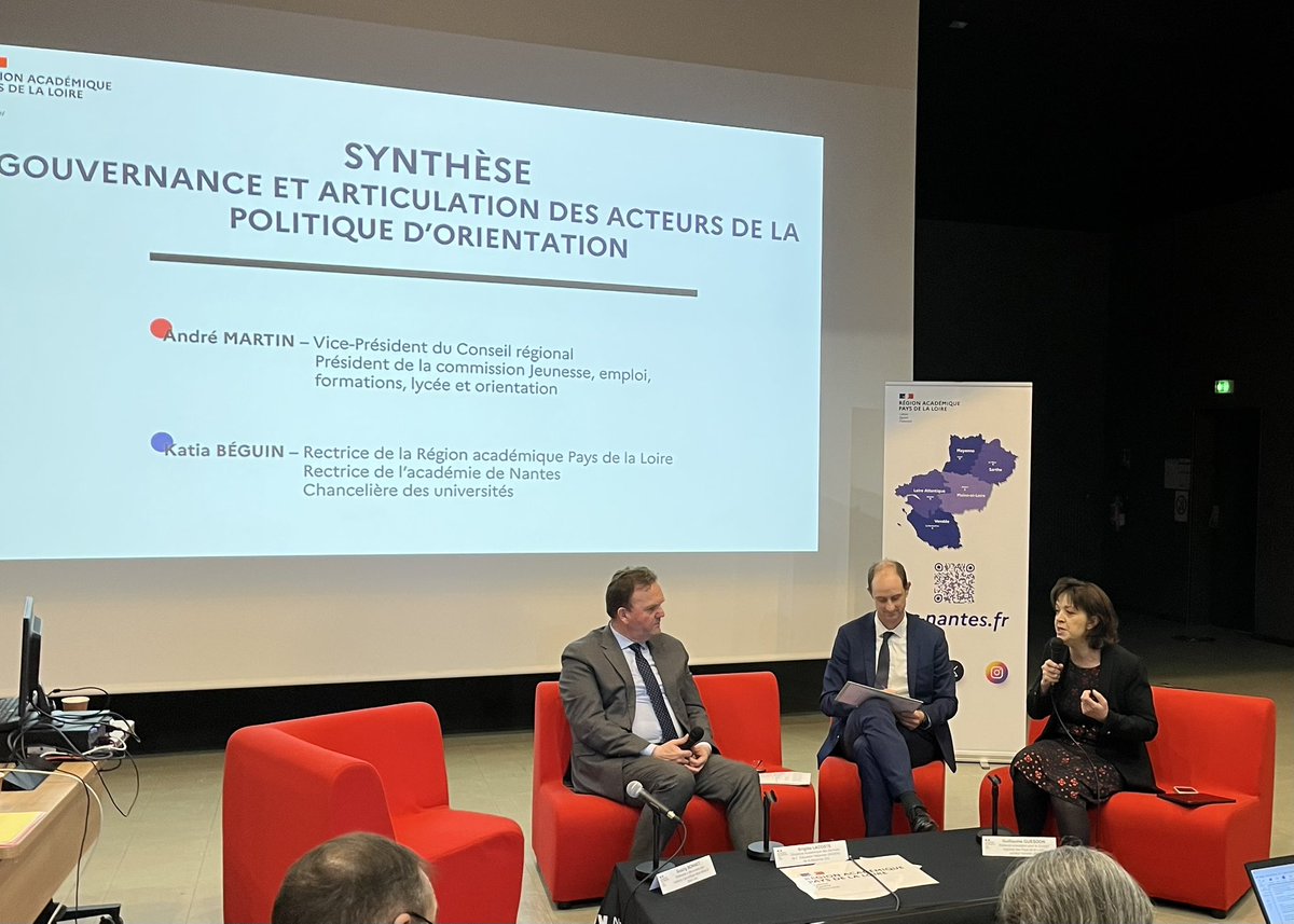 DSDEN44's tweet photo. La rectrice @beguin_katia organise, aux côtés du VP région @AndreMARTIN126, une concertation régionale sur #Orientation🧭 des élèves en présence des acteurs du territoire

📊Diagnostic partagé
💡Pistes d’amélioration

📆En janvier: déclinaison dans chaque département de @acnantes https://t.co/jvVyEjpLdy