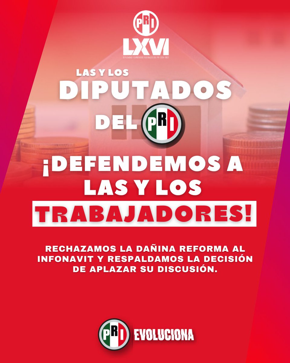 GPPRIDiputados's tweet photo. Rechazamos la reforma al Infonavit con la cual el gobierno de Morena busca disponer de los ahorros de vivienda de los trabajadores.

Apoyamos el aplazamiento de su discusión y hacemos un llamado al oficialismo para que recapacite y abandone esta propuesta perjudicial. https://t.co/sMKOMNPr3a
