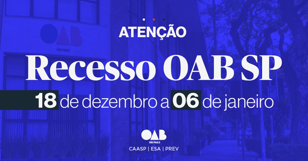 oabsaopaulo's tweet photo. 🚨COMUNICADO | RECESSO FINAL DE ANO 📴
A OAB SP estará em recesso de 18 de dezembro a 06 de janeiro. Nossas atividades retornam no dia 07 de janeiro. 😉
Boas festas! 🎉
#UniversoOABSP #AdvocaciaPaulista #OABSP #RecessoOABSP #Direito #Advocacia https://t.co/OR63m42O52