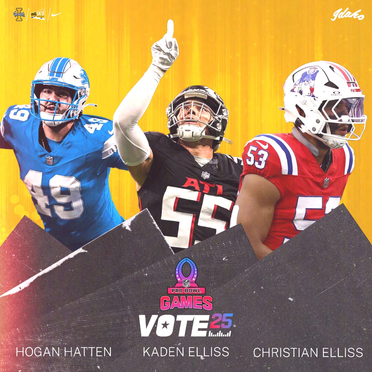 Idaho Football (@vandalfootball) on Twitter photo Help get our #ProVandals to the ProBowl! A retweet counts as a vote!
#ProBowlVote + <a href="/hogan_hatten/">Hogan Hatten</a>
#ProBowlVote + <a href="/ChristianElliss/">Christian Elliss</a>
#ProBowlVote + Kaden Elliss
CC: <a href="/Lions/">Detroit Lions</a>, <a href="/AtlantaFalcons/">Atlanta Falcons</a>, <a href="/Patriots/">New England Patriots</a>
#GoVandals Help get our #ProVandals to the ProBowl! A retweet counts as a vote!
#ProBowlVote + <a href="/hogan_hatten/">Hogan Hatten</a>
#ProBowlVote + <a href="/ChristianElliss/">Christian Elliss</a>
#ProBowlVote + Kaden Elliss
CC: <a href="/Lions/">Detroit Lions</a>, <a href="/AtlantaFalcons/">Atlanta Falcons</a>, <a href="/Patriots/">New England Patriots</a>
#GoVandals