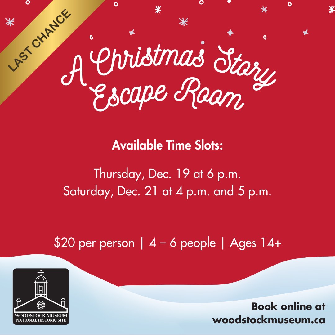 Last chance! There are only three time slots left for the final week of our holiday escape room:

Thursday, Dec. 19 at 6 p.m.
Saturday, Dec. 21 at 4 p.m.
Saturday, Dec. 21 at 5 p.m.

Book online ➡️  bit.ly/4hapFlg