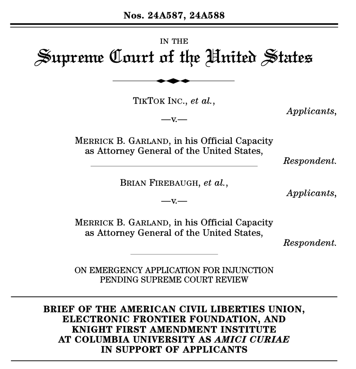 PatrickCToomey's tweet photo. We just filed an amicus brief urging the Supreme Court to block enforcement of the TikTok ban—the law that would effectively force 170 million people in the U.S. off the platform on January 19, 2025.

The court must intervene and protect our right to freely express ourselves. https://t.co/1gAnragYCE
