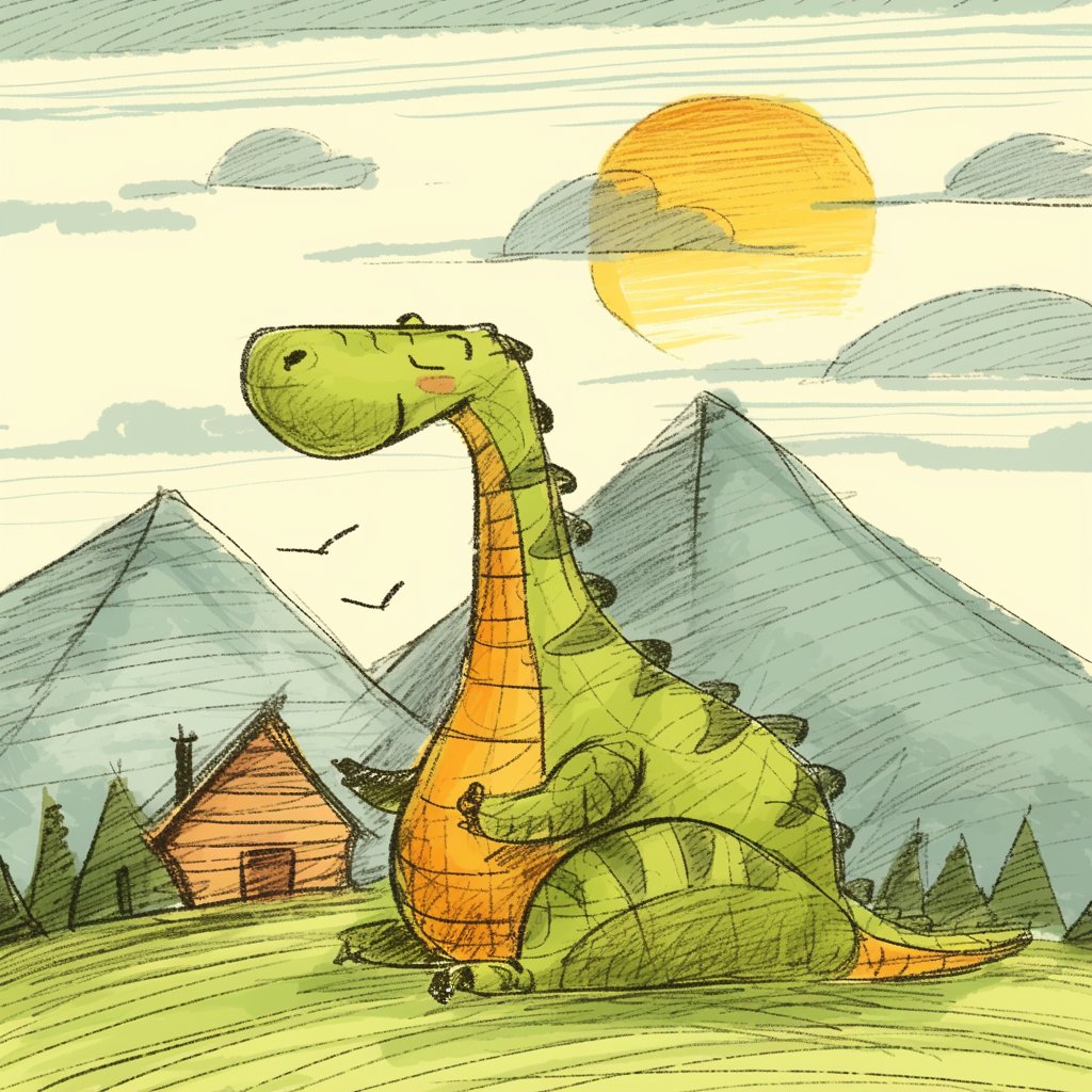 AI generated image: A whimsical, hand-drawn illustration of a green dinosaur with a friendly expression, sitting on a gr