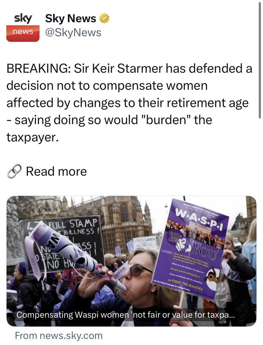 According to Keir Starmer, my #50s born wife is "a burden" to the taxpayer. I pay my taxes just the same as any working family. (Which we were once.) We have lost the winter fuel allowance and now ignore the #50sWomen, who they said would actually help when in opposition.