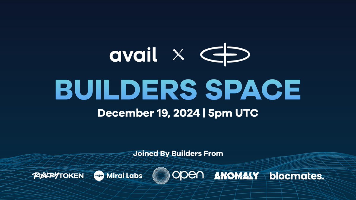Avail (@availproject) on Twitter photo Avail x <a href="/Sophon/">sophon</a> are powering a new era of onchain entertainment.
Join our Builders Space co-hosted by <a href="/blocmates/">blocmates.</a> to hear about onchain experiences ft <a href="/onopenxyz/">OPEN Ticketing Ecosystem at EthCC</a>, <a href="/NUTZbyRivalry/">NUTZ by Rivalry</a>, <a href="/anomalygamesinc/">Anomaly</a>, & <a href="/TheMiraiLabs/">Mirai Labs</a>.
📅 Dec. 19
⏰ 5 PM UTC
Set a reminder 👇
x.com/i/spaces/1vOxw… Avail x <a href="/Sophon/">sophon</a> are powering a new era of onchain entertainment.
Join our Builders Space co-hosted by <a href="/blocmates/">blocmates.</a> to hear about onchain experiences ft <a href="/onopenxyz/">OPEN Ticketing Ecosystem at EthCC</a>, <a href="/NUTZbyRivalry/">NUTZ by Rivalry</a>, <a href="/anomalygamesinc/">Anomaly</a>, & <a href="/TheMiraiLabs/">Mirai Labs</a>.
📅 Dec. 19
⏰ 5 PM UTC
Set a reminder 👇
x.com/i/spaces/1vOxw…
