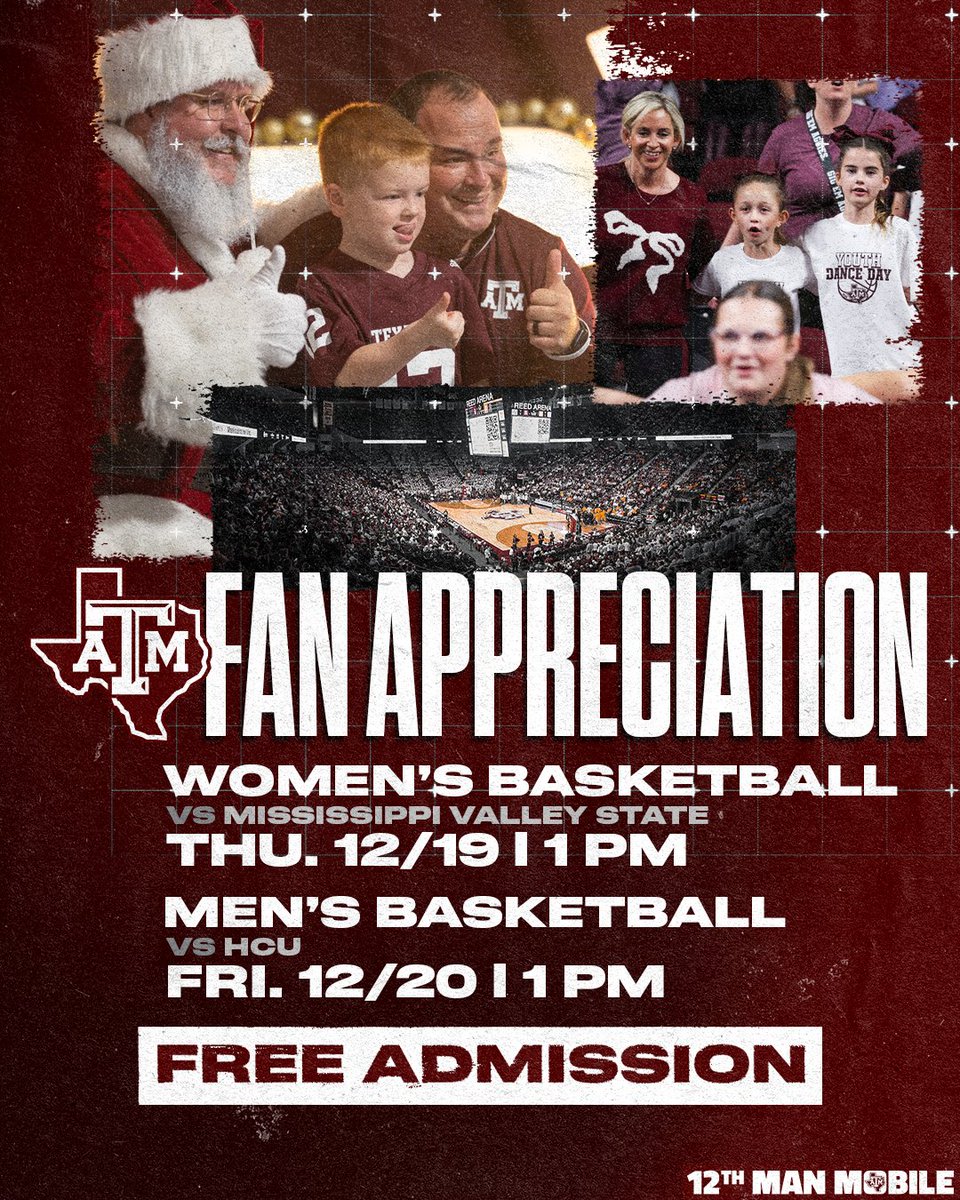 12thMan's tweet photo. 🆓🏀🔜

Join Aggie Basketball this week for Fan Appreciation games where admission & parking are FREE for all fans!

WBB - 12/19 vs MVSU | 1 p.m.
MBB - 12/20 vs HCU | 1 p.m.

Arrive early to both games to meet SANTA in the Fan Zone from 12-1 p.m. 🎅

For more info on promotions visit https://t.co/GhjriAVvaY 👍

#GigEm | #12thMan