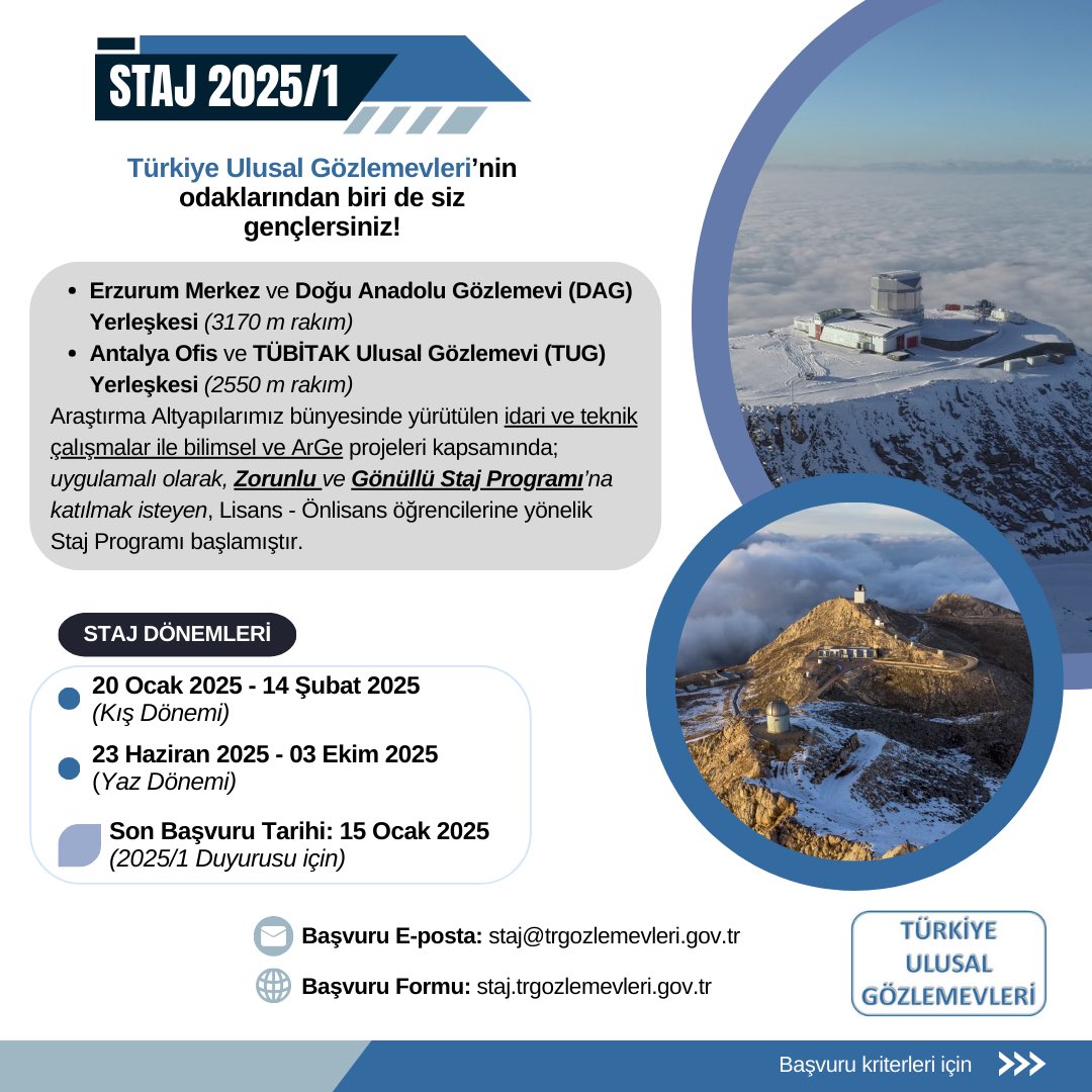 trgozlemevleri's tweet image. Kariyerini yıldızlara yazmaya hazır mısın? 🌌

Türkiye Ulusal Gözlemevleri Staj Programı’mızın başvuru dönemi başladı! 🙌

🚀 Başvuru Formu: staj.trgozlemevleri.gov.tr
✉️ Başvuru için E-posta: staj@trgozlemevleri.gov.tr

#TürkiyeUlusalGözlemevleri
#StajProgramı