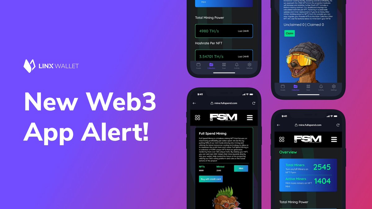 Mint your <a href="/FullSpendMining/">Full Spend Mining - Minting Now!</a> Mining NFT's now directly in your wallet! Go to your 'collection' tab in your <a href="/LinxWallet/">Linx</a> and check it out under 'Web3 Apps'! <a href="/kadena_io/">Kadena</a>